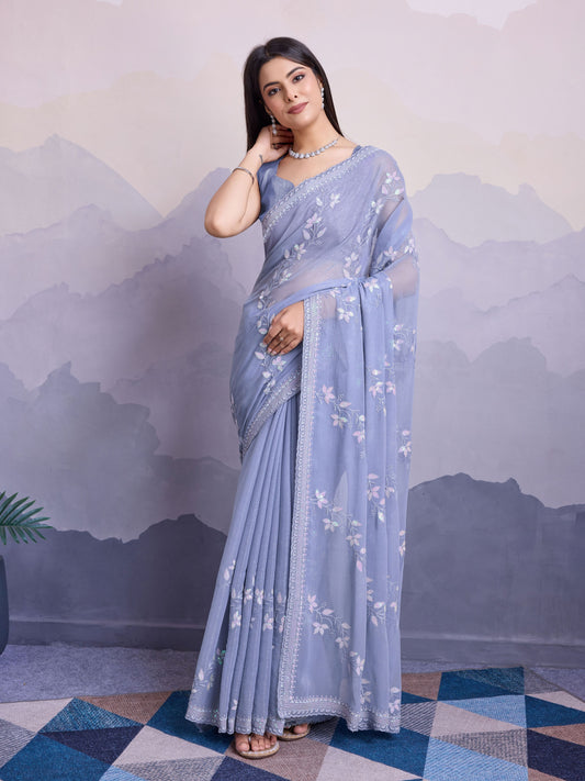 Blue Shimmer Chiffon Designer Sequance Embroidery Work Heavy Partywear Trendy Fashion Saree