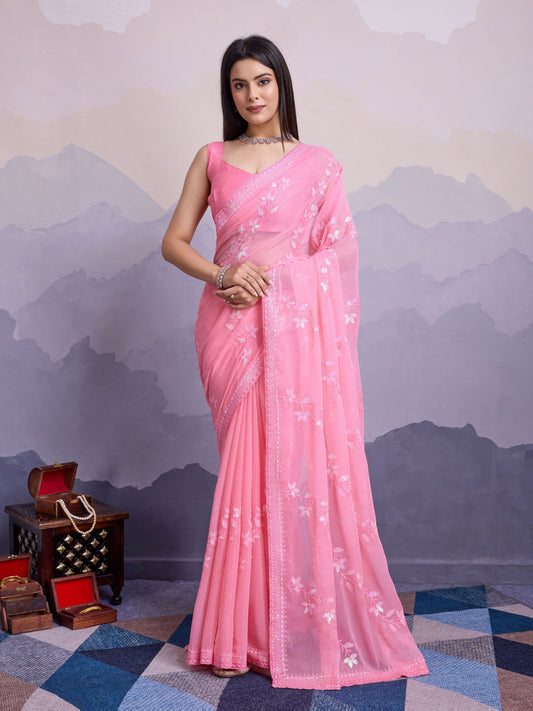 Pink Shimmer Chiffon Designer Sequance Embroidery Work Heavy Partywear Trendy Fashion Saree