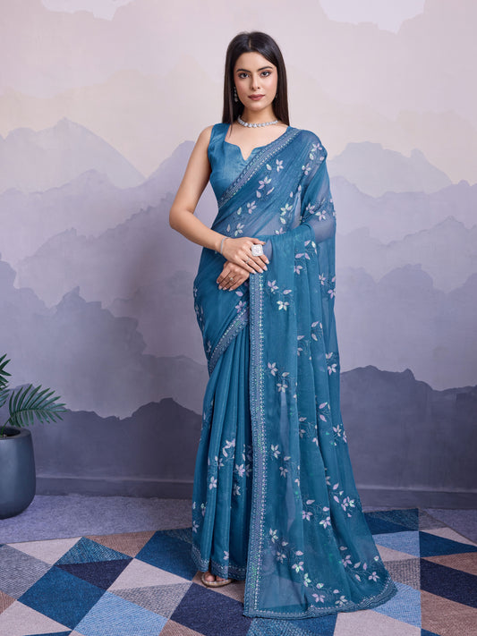 Cyan Blue Shimmer Chiffon Designer Sequance Embroidery Work Heavy Partywear Trendy Fashion Saree