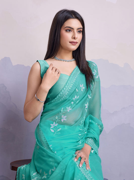 Sea Green Shimmer Chiffon Designer Sequance Embroidery Work Heavy Partywear Trendy Fashion Saree