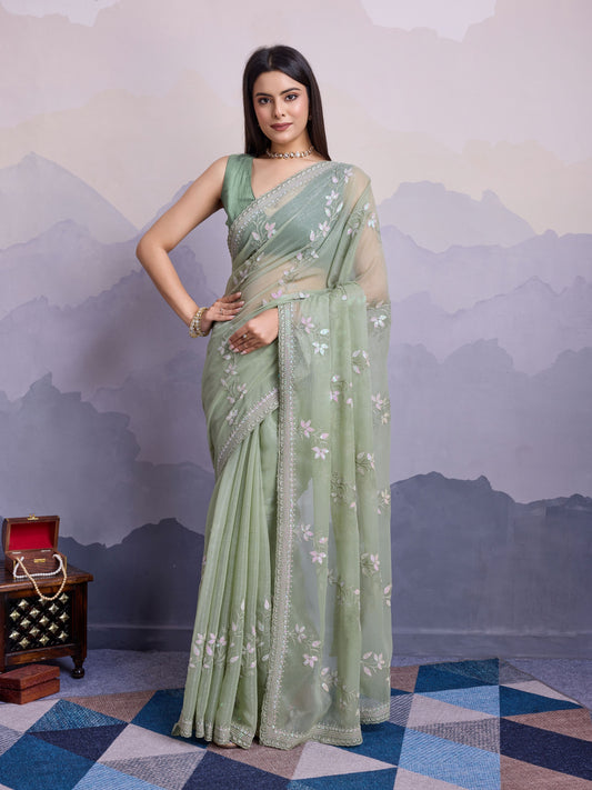 Green Shimmer Chiffon Designer Sequance Embroidery Work Heavy Partywear Trendy Fashion Saree