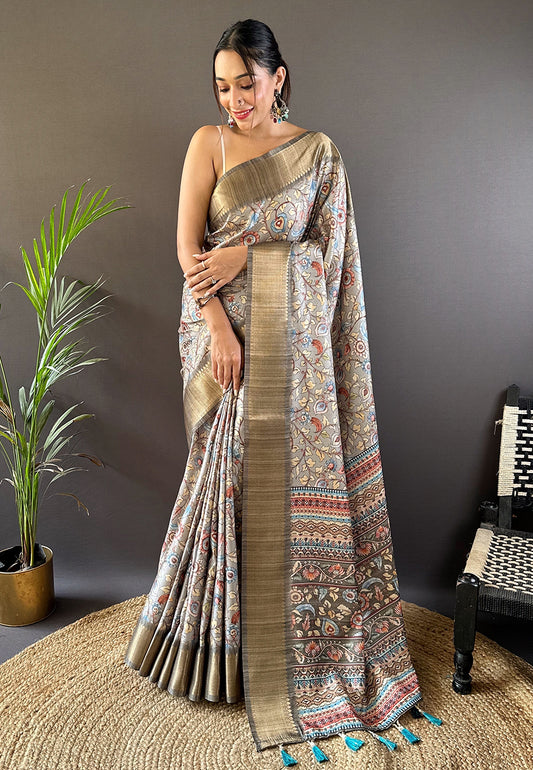 Grey Tussar Silk Wevon Jari Designer Saree With Madhubani Print