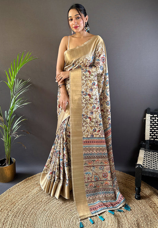 Beige Tussar Silk Wevon Jari Designer Saree With Madhubani Print