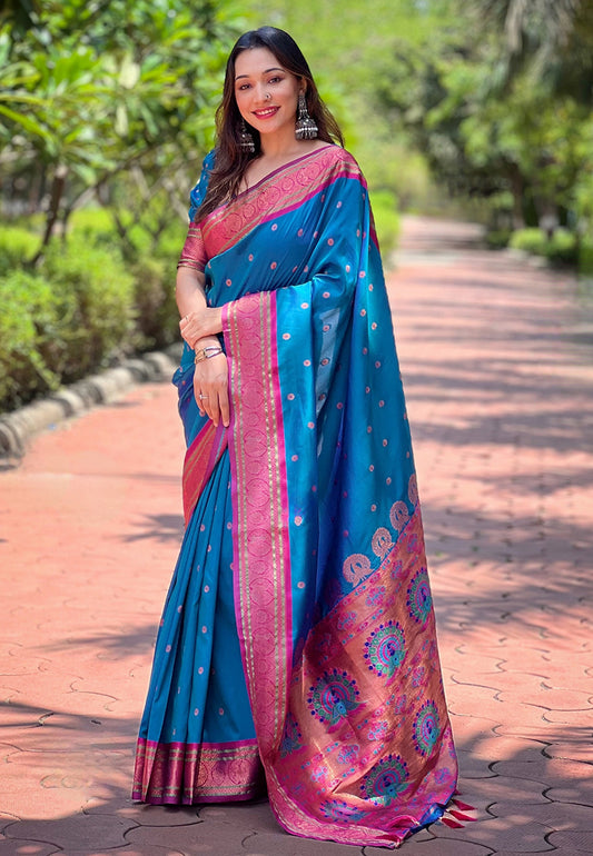 Blue Paithani Silk Traditional Rich Traditional Wear Wevon Meenakari Designer Saree