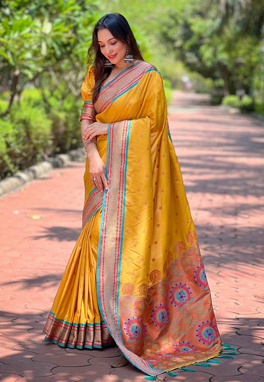 Yellow Paithani Silk Traditional Rich Traditional Wear Wevon Meenakari Designer Saree