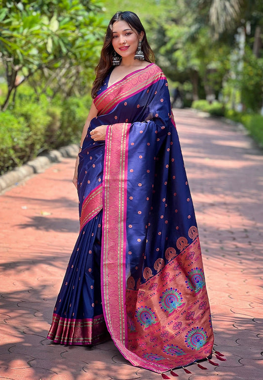 Navy Blue Paithani Silk Traditional Rich Traditional Wear Wevon Meenakari Designer Saree