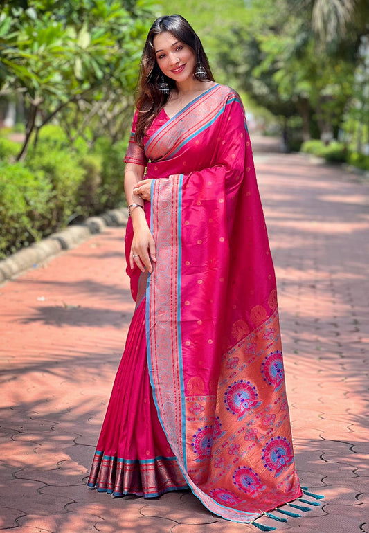 Pink Paithani Silk Traditional Rich Traditional Wear Wevon Meenakari Designer Saree