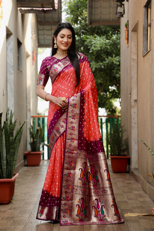 Brown Rust Color Dola Silk Fabric Wevon Paithani Designer Saree With Traditional Bandhej Print