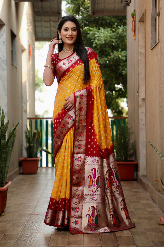 Mustard Color Dola Silk Fabric Wevon Paithani Designer Saree With Traditional Bandhej Print