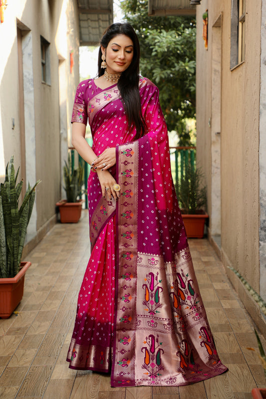 Pink Color Dola Silk Fabric Wevon Paithani Designer Saree With Traditional Bandhej Print