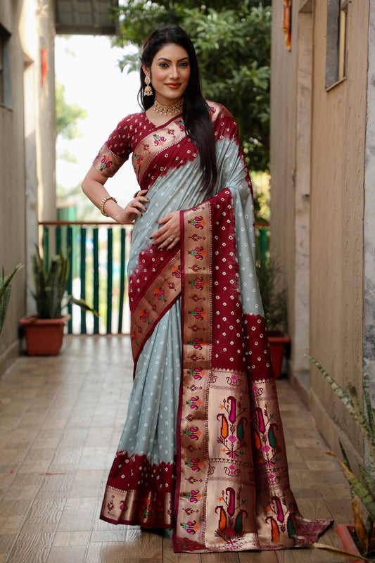 Grey Color Dola Silk Fabric Wevon Paithani Designer Saree With Traditional Bandhej Print