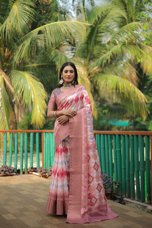 Pink Dola Silk Wevon Designer Heavy Ethnic Saree With Trendy Digital Printed