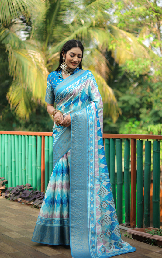 Blue Dola Silk Wevon Designer Heavy Ethnic Saree With Trendy Digital Printed