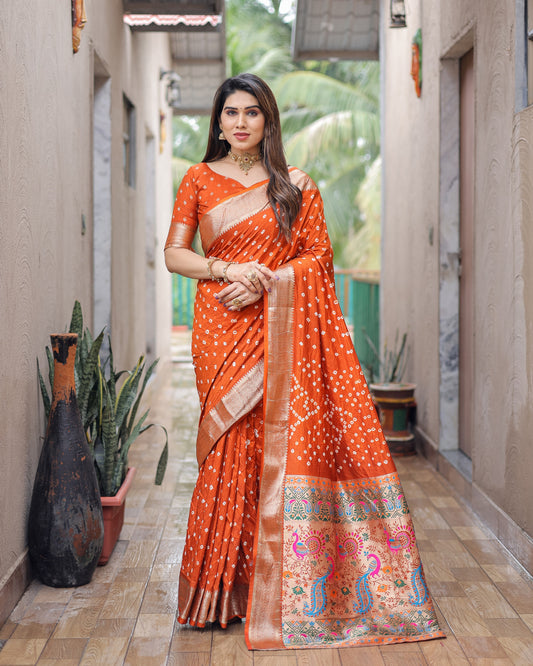 Orange Dola Silk Wevon Pallu Border Designer Saree With Traditional Bandhej Printed