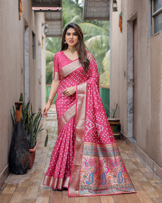 Pink Dola Silk Wevon Pallu Border Designer Saree With Traditional Bandhej Printed