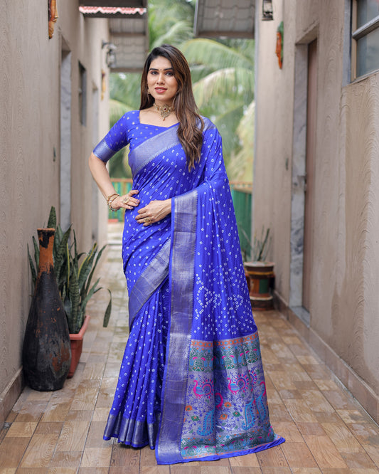 Blue Dola Silk Wevon Pallu Border Designer Saree With Traditional Bandhej Printed