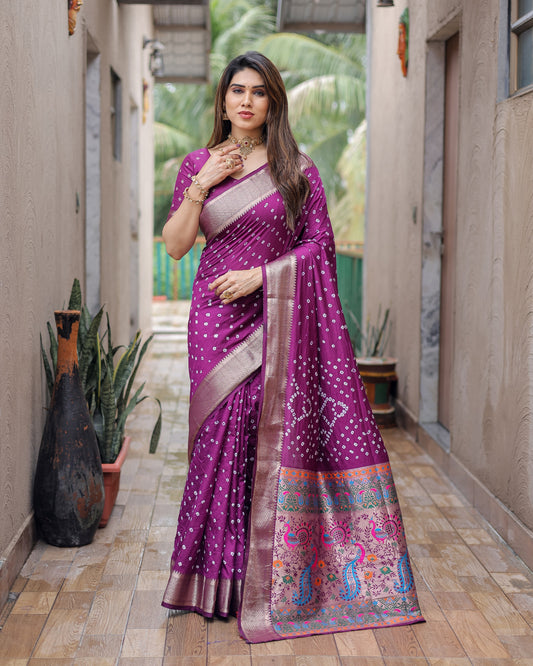 Purple Dola Silk Wevon Pallu Border Designer Saree With Traditional Bandhej Printed