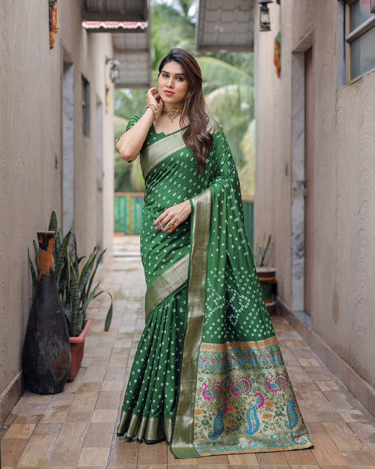 Green Dola Silk Wevon Pallu Border Designer Saree With Traditional Bandhej Printed