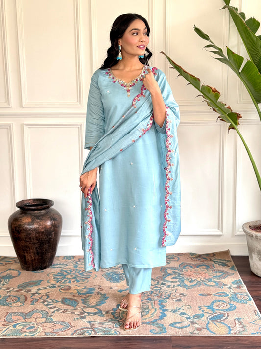 Sky Blue Color Viscose Chanderi Fabric Readymade Suit With Embroidery Work