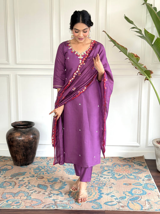 Purple Color Viscose Chanderi Fabric Readymade Suit With Embroidery Work