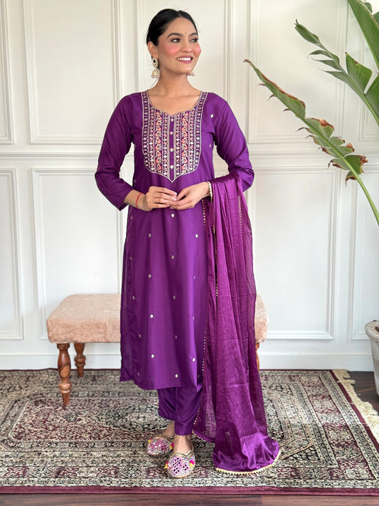 Purple Color Rayon Slub Fabric Readymade Suit With Embroidery Work