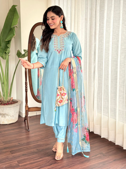 Sky Blue Color Viscose Chanderi Fabric Readymade Suit With Embroidery Work With Printed