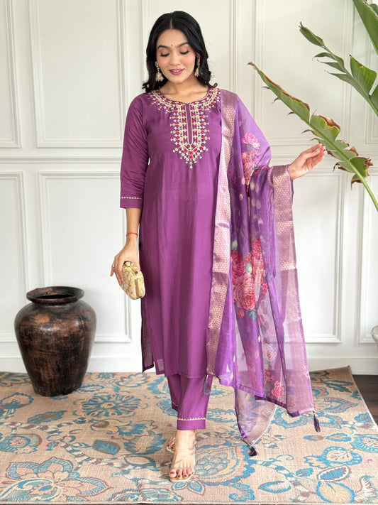 Purple Color Viscose Chanderi Fabric Readymade Suit With Embroidery Work With Printed