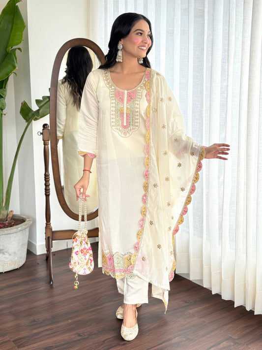 Cream Color Viscose Chanderi Fabric Readymade Suit With Embroidery Work