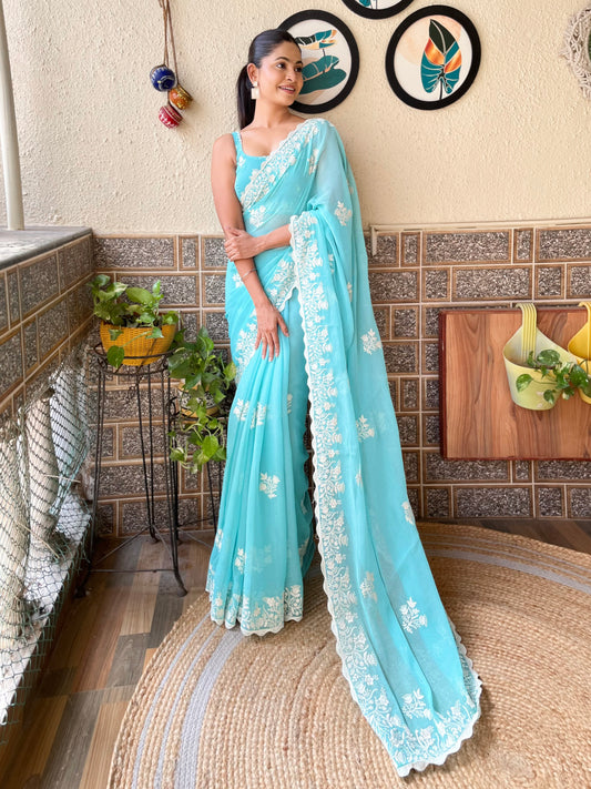 Sky Blue Color Simmer Silk Bollywood Style Partywear Saree With Thread Embroidery Cut Work