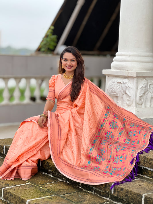 Peach Paithani Silk Wevon Paithani Designer Traditional Rich Partywear Saree