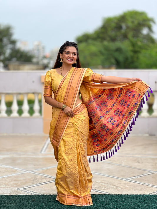 Yellow Paithani Silk Wevon Paithani Designer Traditional Rich Partywear Saree