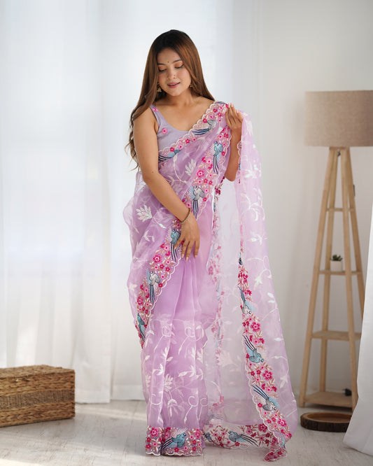 Lavender Organza Fabric Multy Thread And Sequance Embroidery Work Festive Looks Graceful Saree