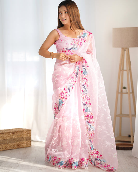 Pink Organza Fabric Multy Thread And Sequance Embroidery Work Festive Looks Graceful Saree