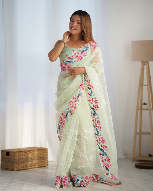 Pista Organza Fabric Multy Thread And Sequance Embroidery Work Festive Looks Graceful Saree