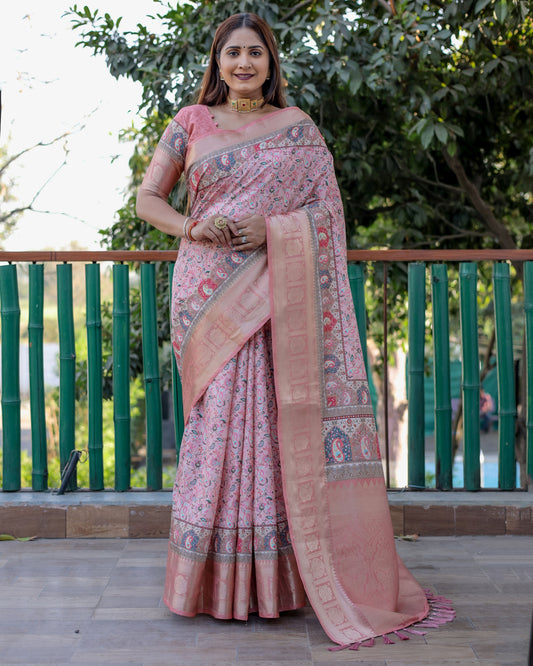 Pink Pashmina Wevon Designer Heavy Looks Saree With Digital Printed