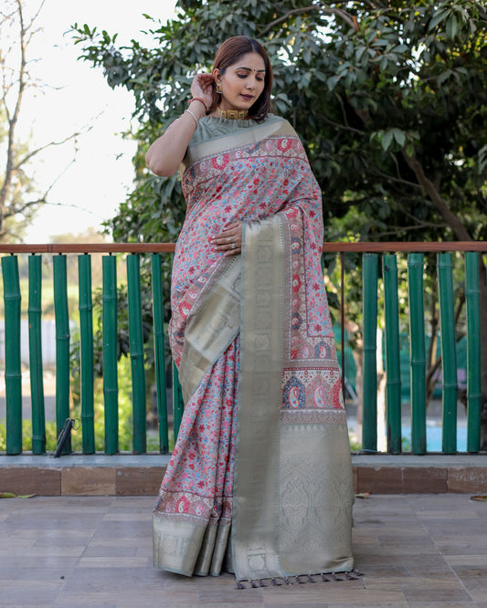 Pista Pashmina Wevon Designer Heavy Looks Saree With Digital Printed