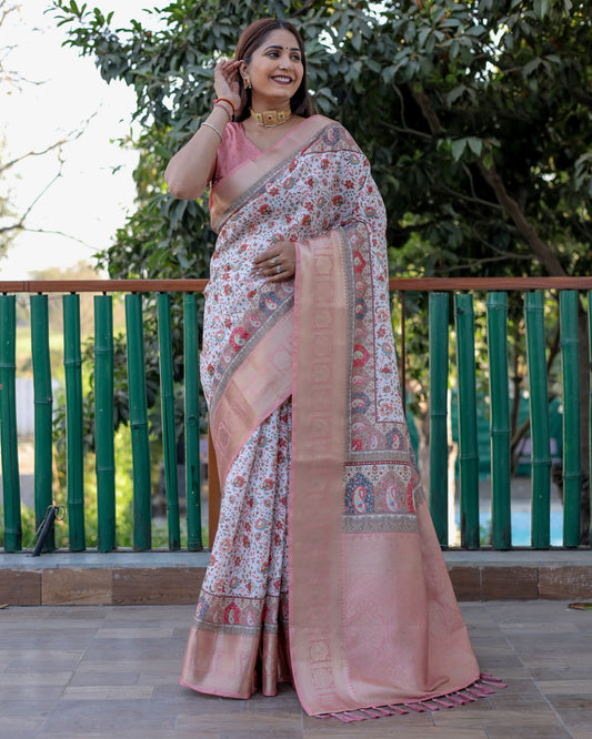 Peach Pashmina Wevon Designer Heavy Looks Saree With Digital Printed