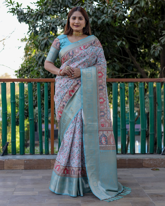 Sea Green Pashmina Wevon Designer Heavy Looks Saree With Digital Printed