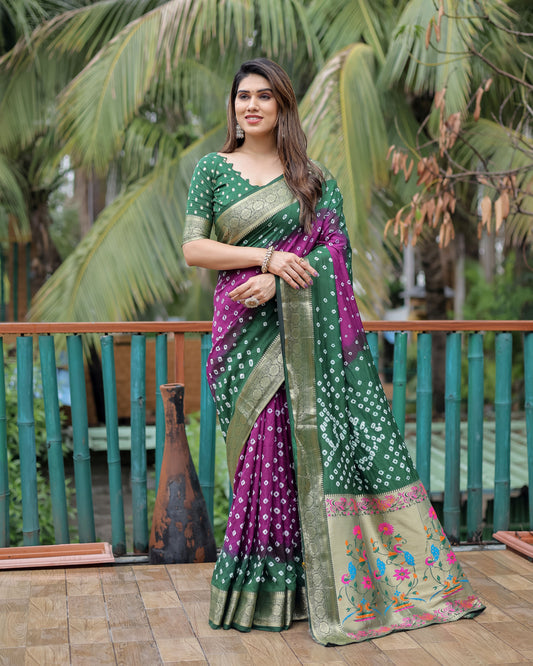 Green Dola Silk Wevon Designer Saree With Traditional Hand Bandhej Printed