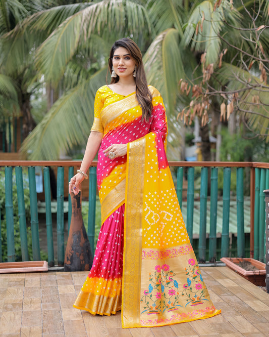 Yellow Dola Silk Wevon Designer Saree With Traditional Hand Bandhej Printed