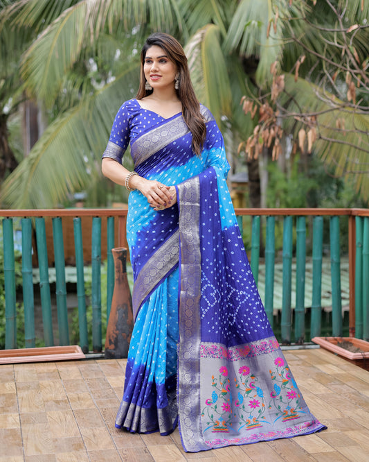 Blue Dola Silk Wevon Designer Saree With Traditional Hand Bandhej Printed