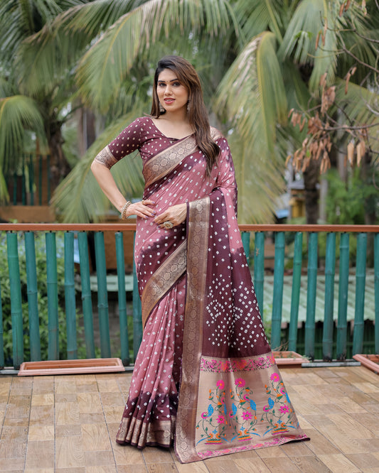 Brown Dola Silk Wevon Designer Saree With Traditional Hand Bandhej Printed