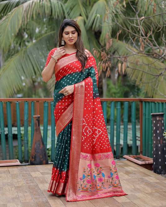 Red Dola Silk Wevon Designer Saree With Traditional Hand Bandhej Printed