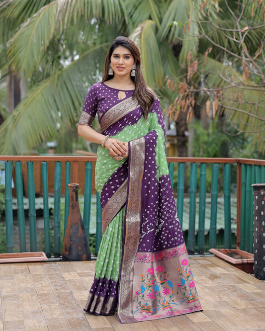 Purple Dola Silk Wevon Designer Saree With Traditional Hand Bandhej Printed