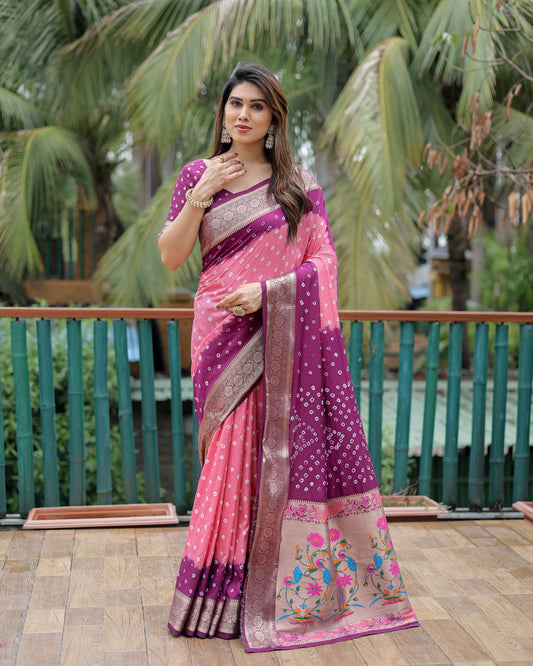 Magenta Dola Silk Wevon Designer Saree With Traditional Hand Bandhej Printed