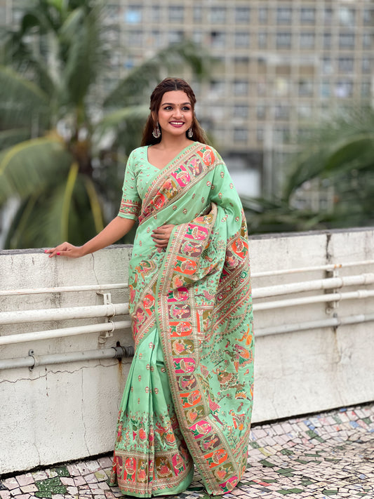 Sea Green Pashmina Silk Wevon Kashmiri Meenakari Designer Ethnic Indian Rich Looks Saree