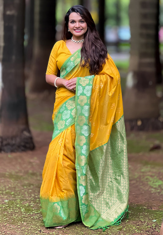 Yellow Soft Silk Weaving Dual Jari Designer Ethnic Indian Traditional Saree