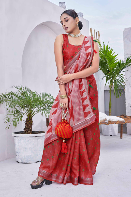 Red Color Linen Blend Smart Ethnic Saree With Trendy Digital Print Work