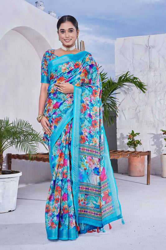 Blue Color Linen Blend Smart Ethnic Saree With Trendy Digital Print Work