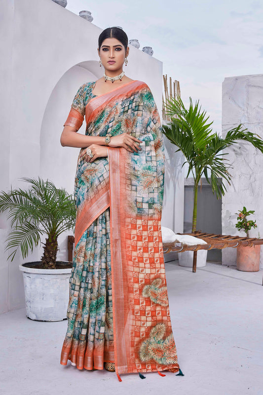 Green Color Linen Blend Smart Ethnic Saree With Trendy Digital Print Work